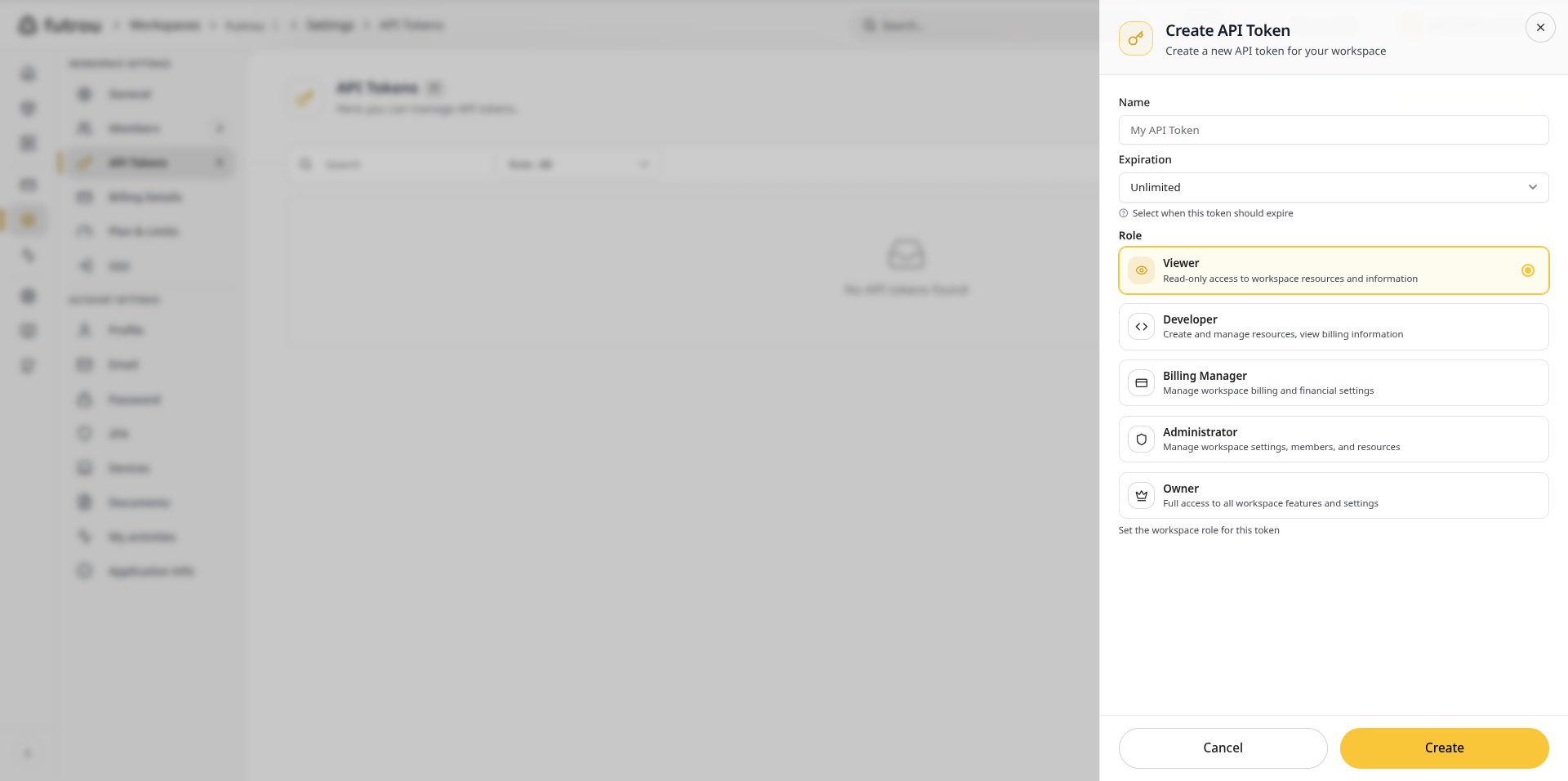 Create API Token dialog with name, expiration, and role selection