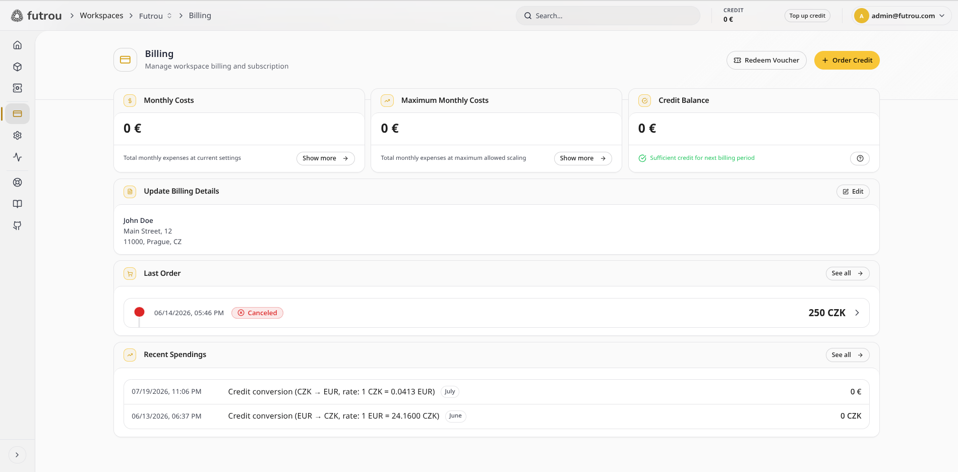 Billing overview showing monthly costs, credit balance, billing details, and recent spending
