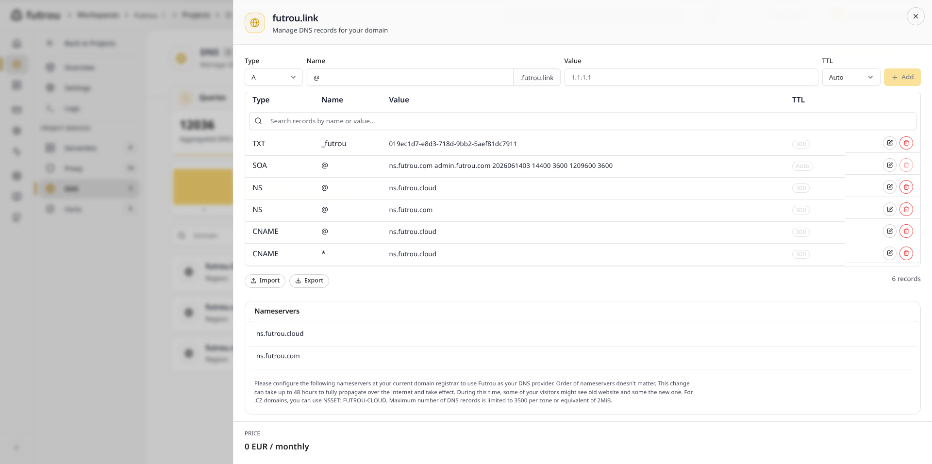 DNS zone editor with add-record form, records table, and nameserver instructions