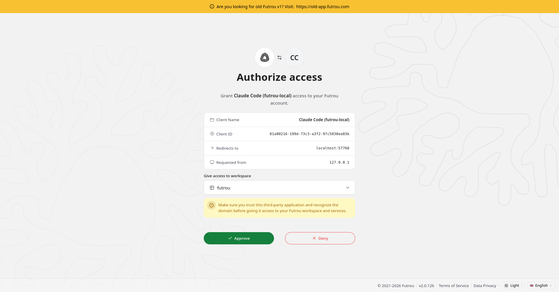 OAuth2 authorization screen showing the app's name, icon, and requested workspace access