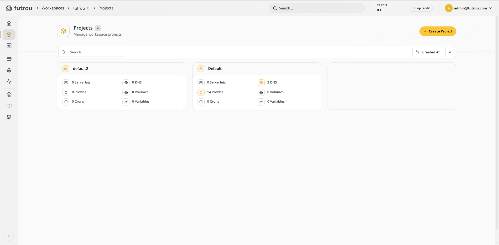Projects page listing a workspace's projects with their service counts