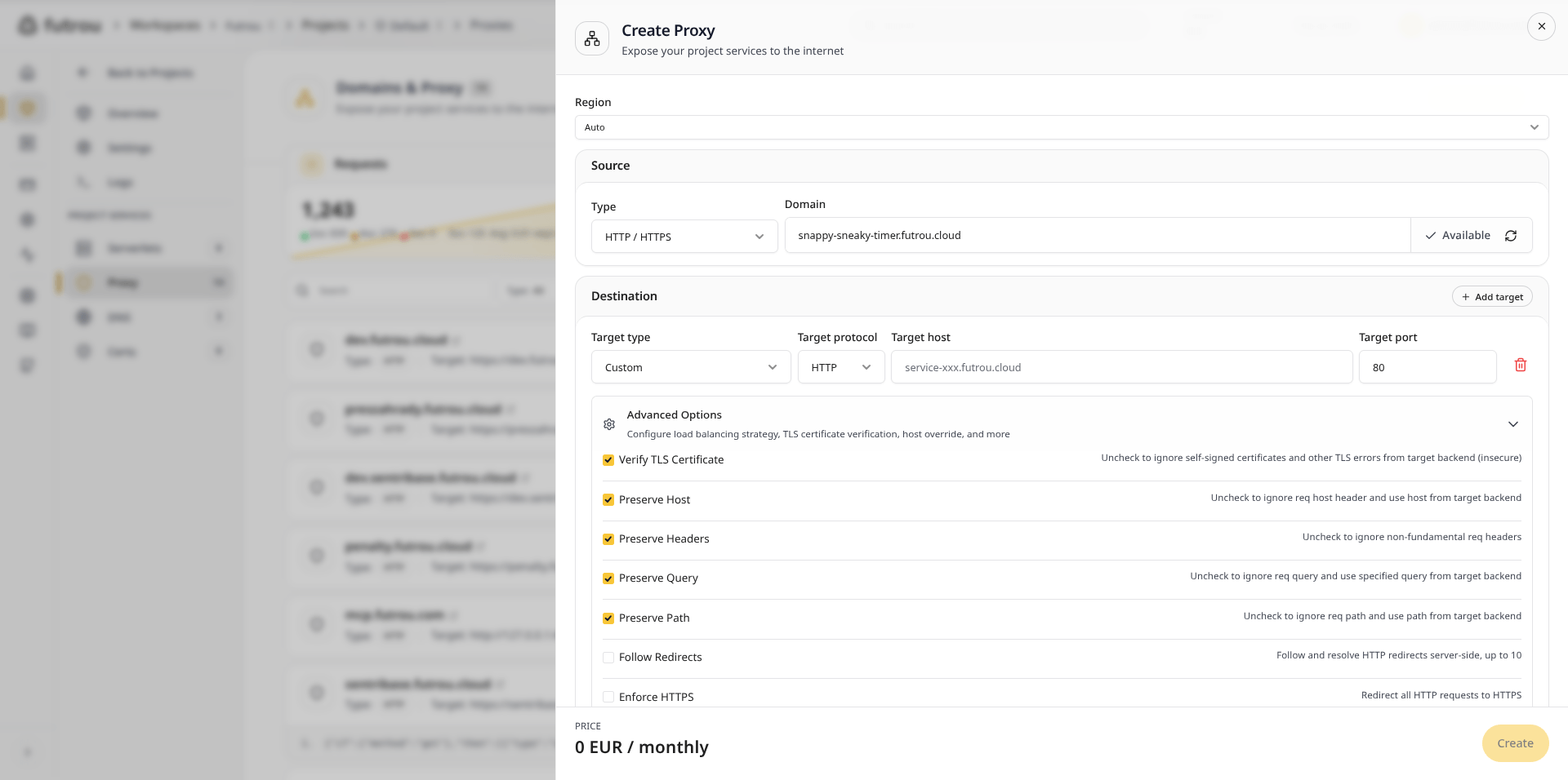 Create Proxy dialog with source domain, destination target, and advanced routing options