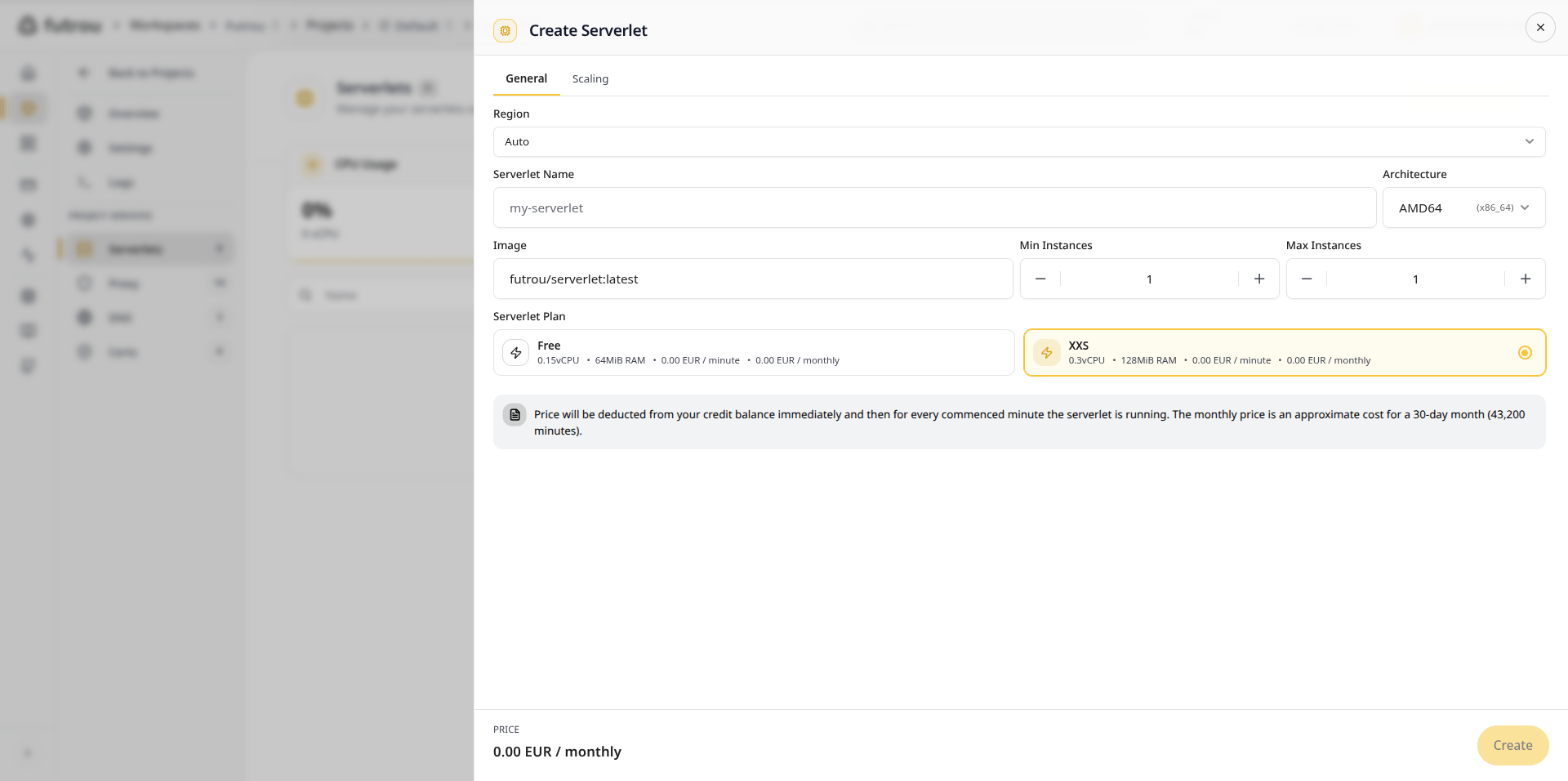 Create Serverlet dialog showing name, architecture, image, instance count, and plan selection