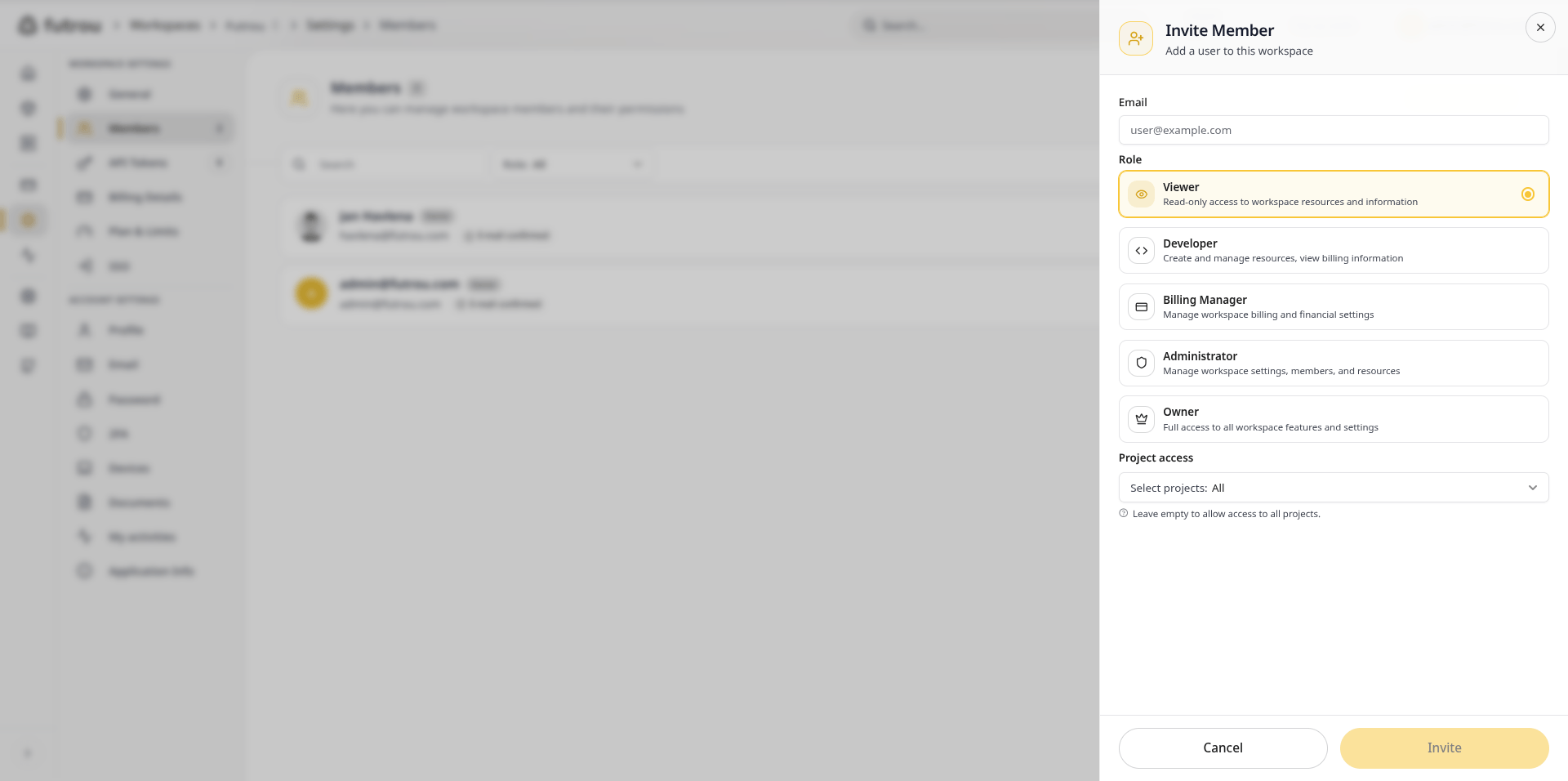 Invite Member dialog with role selection and project access restriction
