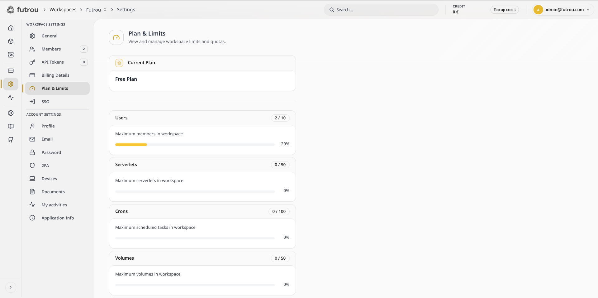 Plan & Limits page showing current plan and usage bars for members, serverlets, crons, and volumes