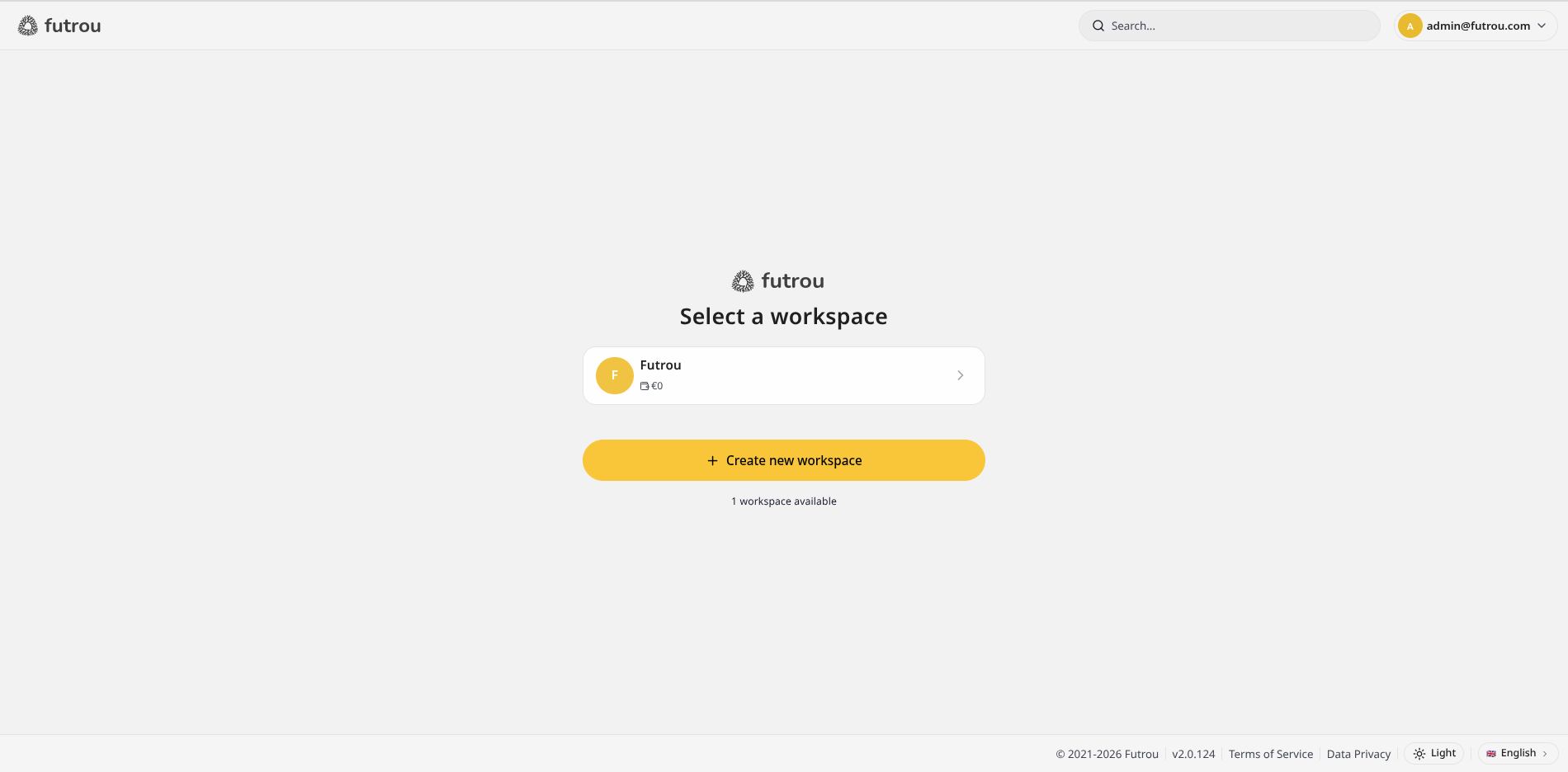 Select a workspace page listing available workspaces and an option to create a new one